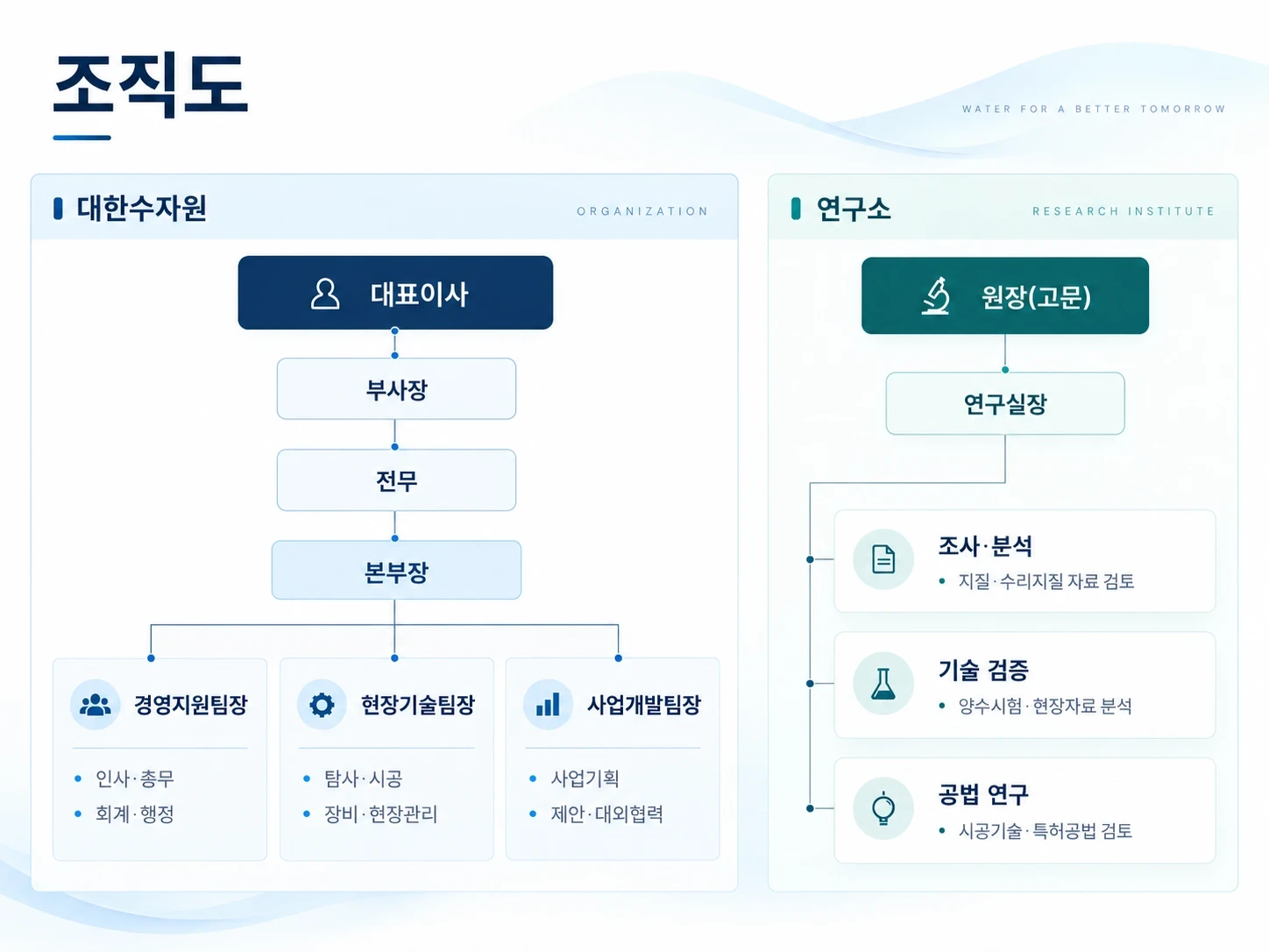 대한수자원 조직도: 대표이사, 부사장, 전무, 본부장 아래 경영지원팀장(인사·총무, 회계·행정), 현장기술팀장(탐사·시공, 장비·현장관리), 사업개발팀장(사업기획, 제안·대외협력). 연구소: 원장(고문), 연구실장 아래 조사·분석, 기술 검증, 공법 연구